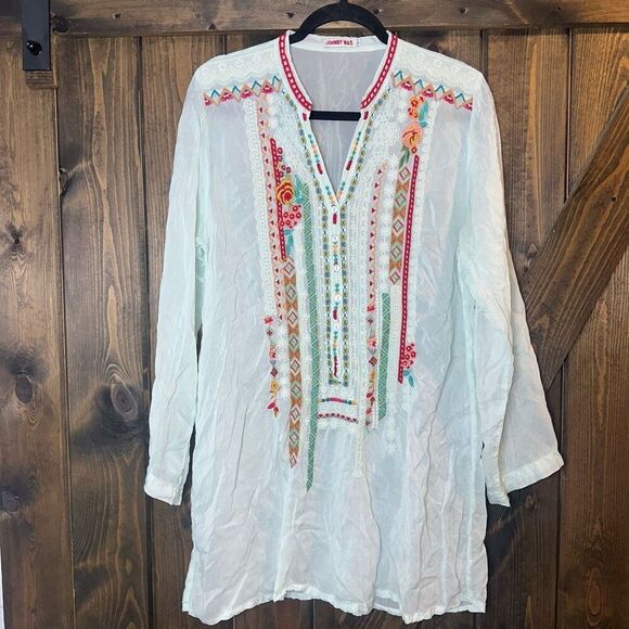 Johnny Was Boho Embroidered Semi-Sheer V-Neck Tunic - Picture 1 of 6